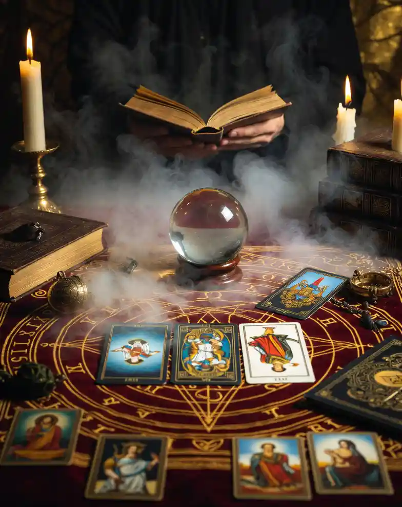 Обряд гадания на Таро — гадалка проводит эзотерический ритуал при свечах